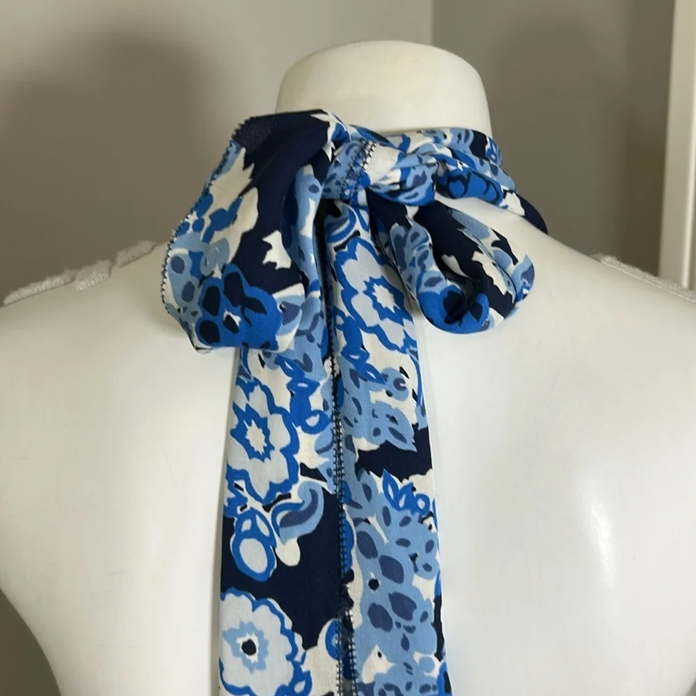 Tory Burch Silk Halter Neck Midi Dress Blue Floral Side Zip Pleated Sz 4 - Picture 9 of 16